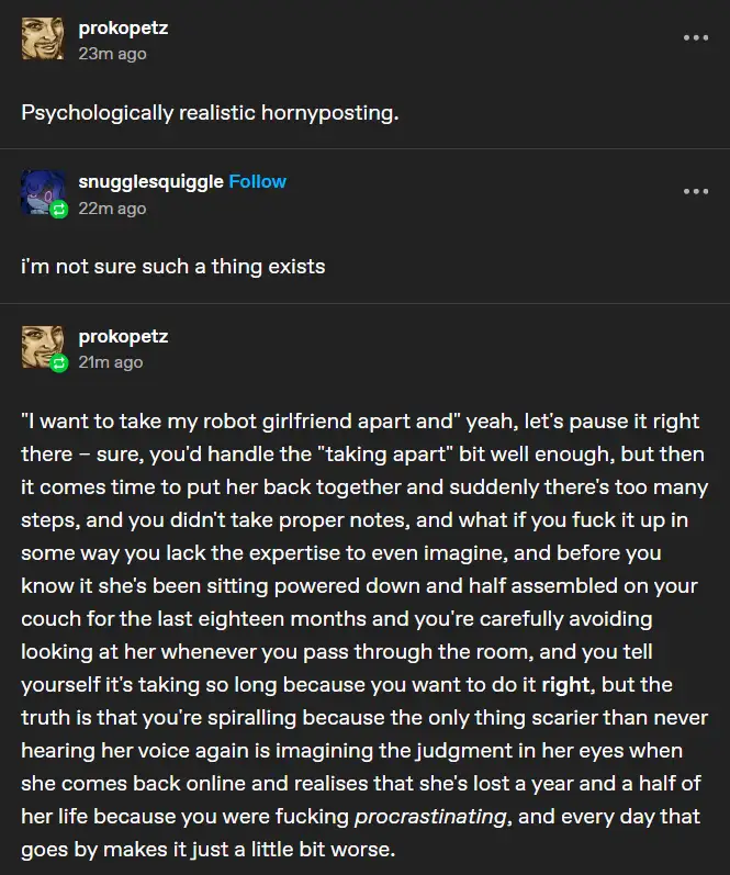A screenshot of a Reddit thread shows user 'prokopetz' posting a long, darkly humorous text about procrastinating on…