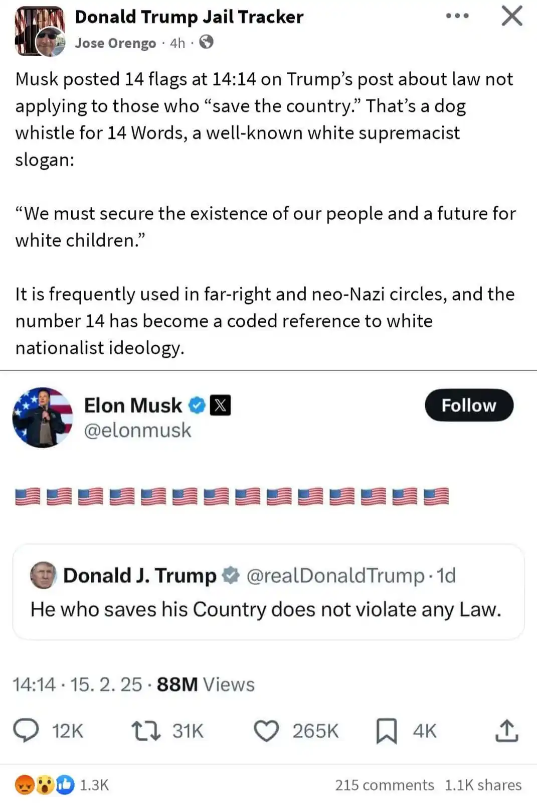 A screenshot of a social media post by Jose Orengo claiming Elon Musk posted 14 American flags at 14:14 in response to…