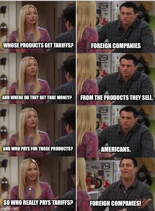 A six-panel meme from the TV show 'Friends' featuring Phoebe and Chandler. Phoebe asks a series of questions about tariffs…