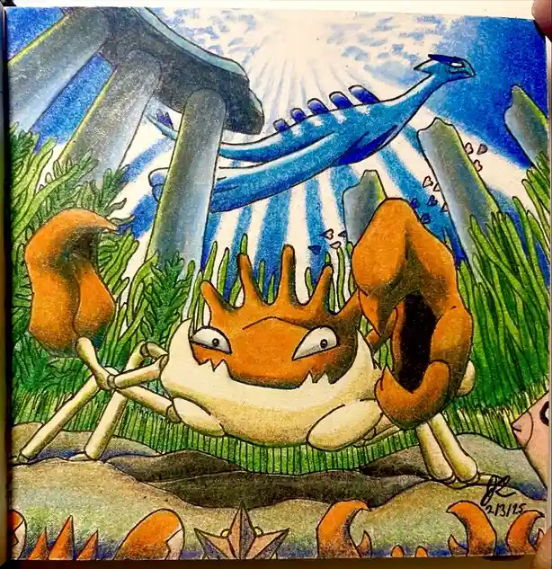 A hand-drawn illustration of a cartoon crab with a crown, looking annoyed and unimpressed, while a large blue dragon flies…