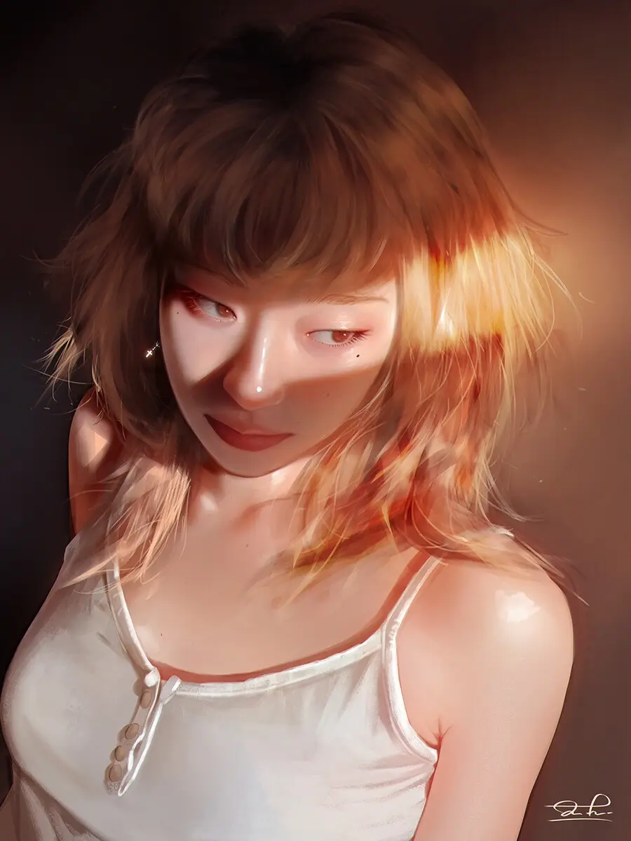 A digital painting of a young woman with brown hair and bangs, wearing a white tank top, looking down with a slight smile…