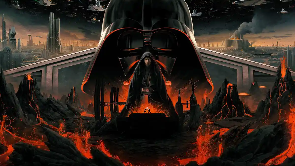 A dramatic Star Wars scene features Darth Vader's helmet looming over a lava-filled landscape, with a hooded figure standing…