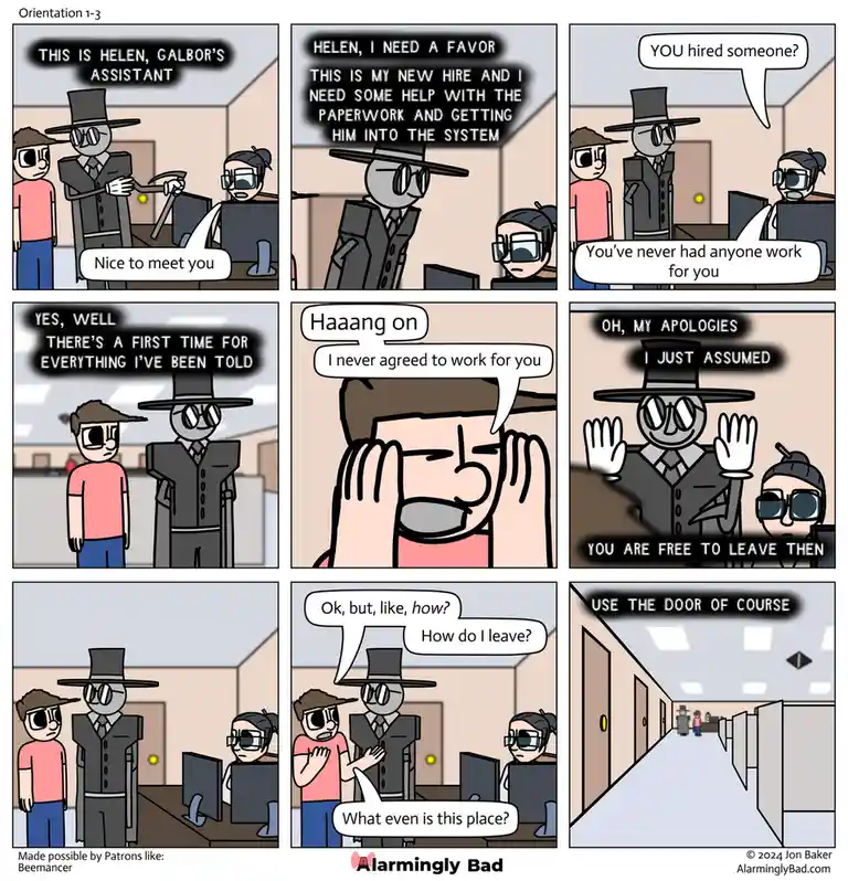 A six-panel comic strip depicts a surreal office scenario where a new hire, introduced as Galbor's assistant, is told by…