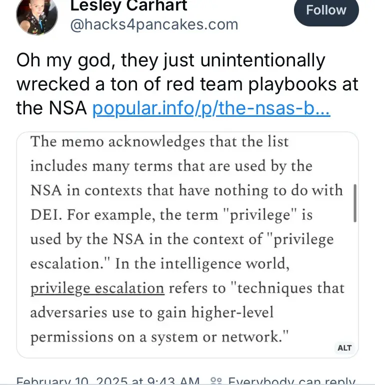 A screenshot of a tweet by Lesley Carhart (@hacks4pancakes.com) showing a quote from a memo that explains how the NSA uses…