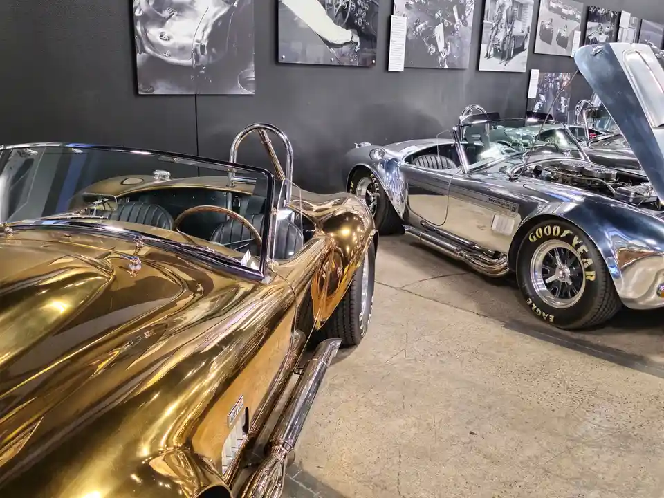 Two classic Shelby Cobra sports cars are displayed in a museum, one with a highly reflective gold paint job and the other…
