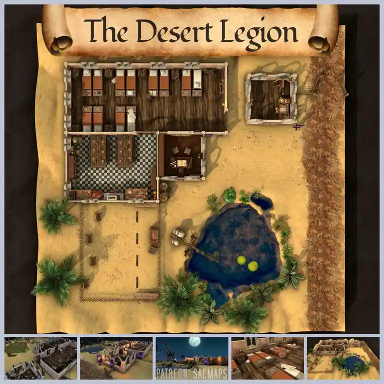 An overhead view of a desert military camp labeled 'The Desert Legion,' featuring barracks with beds, a mess hall with…