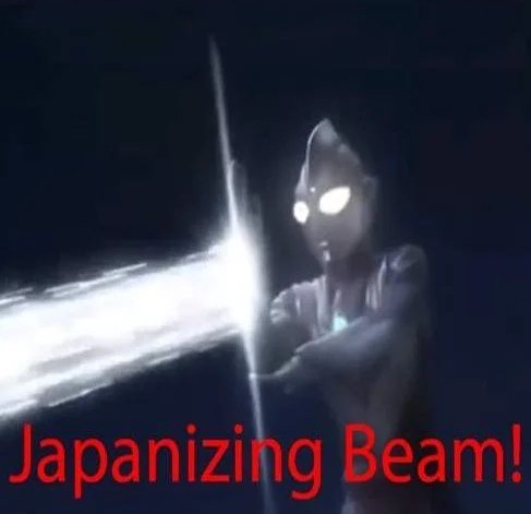 A dark, grainy image of a silver-suited Ultraman character with glowing white eyes, firing a bright white energy beam from…