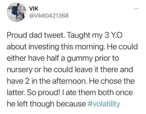 A screenshot of a tweet from user VIK (@Vik60421368) showing a humorous parenting moment where a father teaches his…
