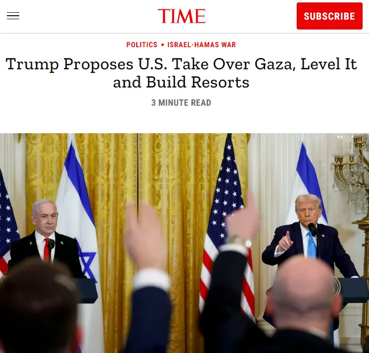 A screenshot of a TIME magazine article header showing Donald Trump and Benjamin Netanyahu standing at podiums with American…