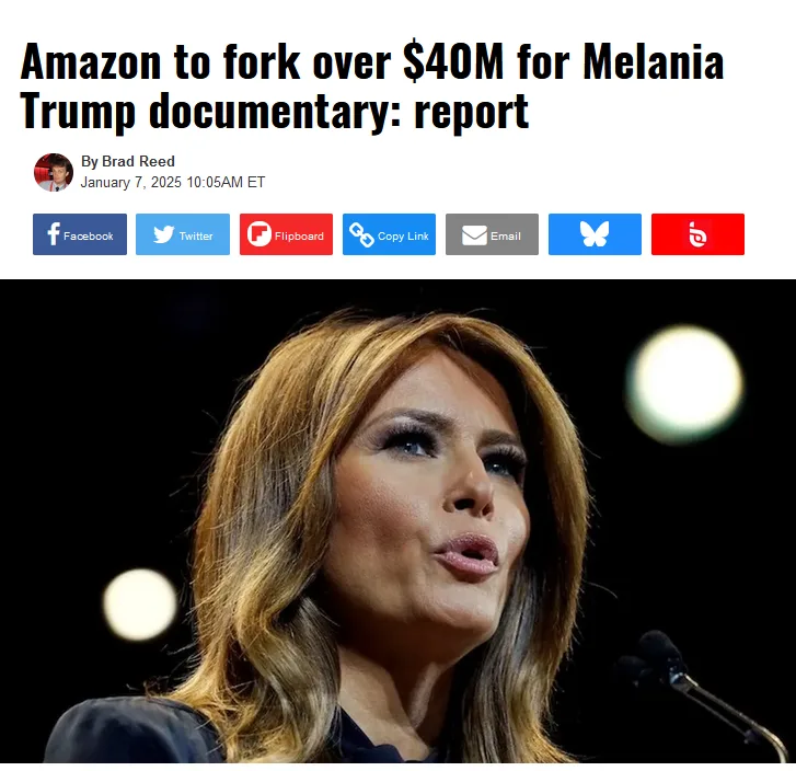 A screenshot of a news article headline reading 'Amazon to fork over $40M for Melania Trump documentary: report' is overlaid…