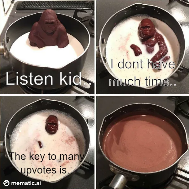 A four-panel image shows a chocolate gorilla figurine melting in a saucepan of milk on a stove. In the first panel, the…