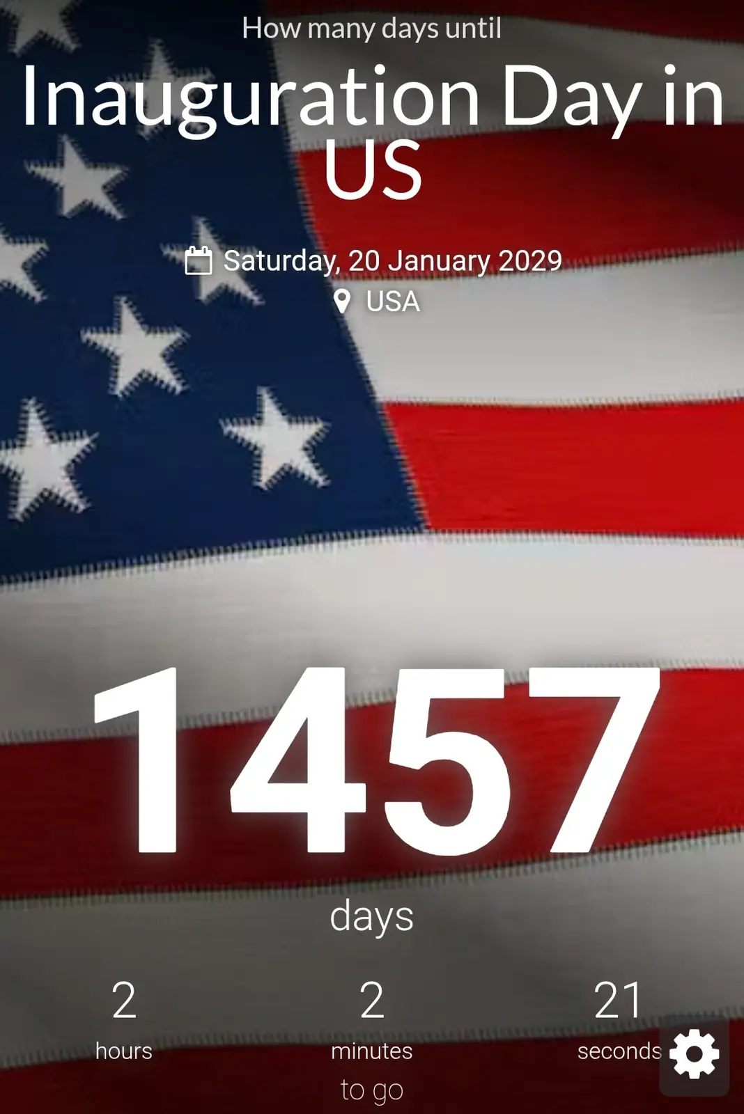 An image mimicking a countdown app interface with an American flag background, displaying a countdown to 'Inauguration Day…