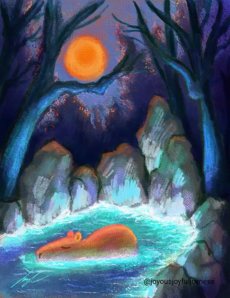 A stylized painting depicts a serene, glowing orange capybara floating peacefully in turquoise water surrounded by dark…