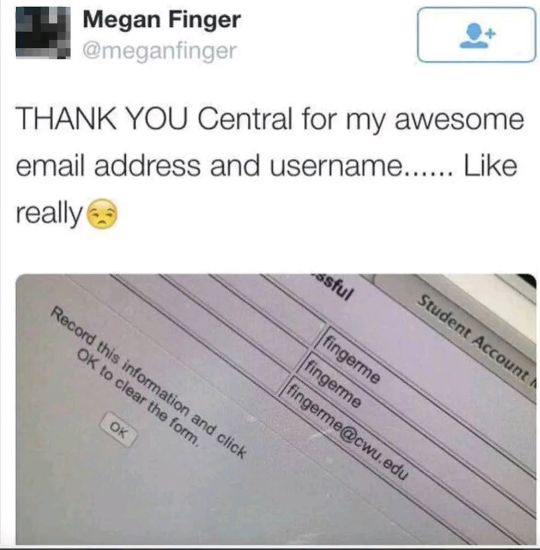 A screenshot of a Twitter post by Megan Finger thanking 'Central' for her email and username, followed by a photo of a…