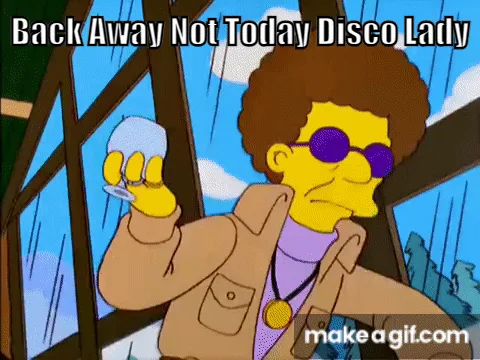A six-panel animated GIF shows a character resembling a disco-dressed man with an afro and sunglasses, holding a glass…