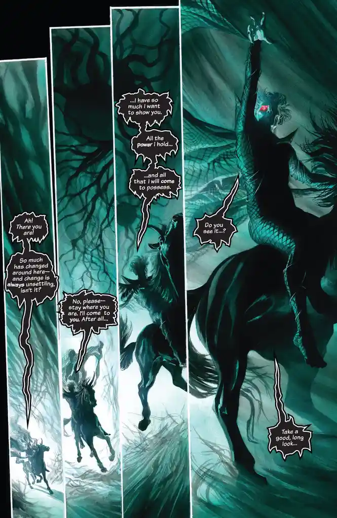 A comic panel sequence shows a dark, ethereal figure on a horse approaching a rider, with dialogue bubbles revealing the…