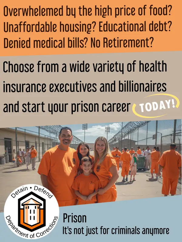 The image shows a family of four — a man, woman, and two children — all wearing orange prison-style jumpsuits, smiling in…