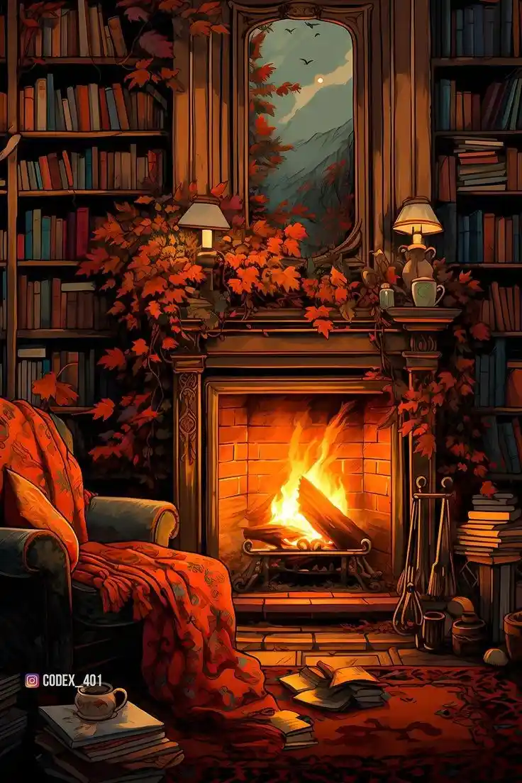A cozy, warmly lit room features a roaring fireplace surrounded by bookshelves filled with books. Autumn leaves cascade over…