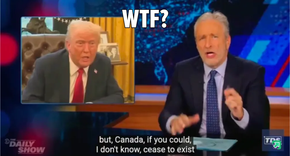A still from 'The Daily Show' shows host Jon Stewart gesturing in shock while speaking. A picture-in-picture shows Donald…