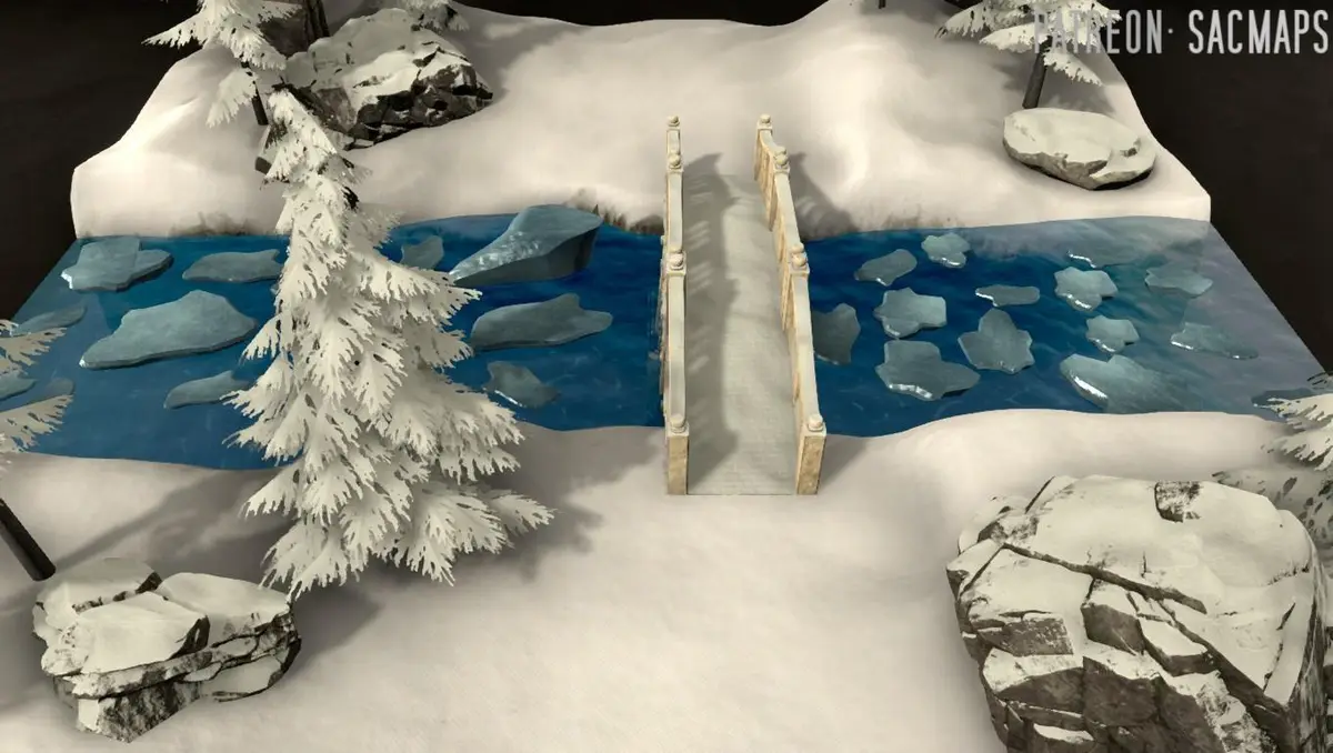 A 3d-rendered snowy landscape with a small wooden bridge crossing a blue river filled with ice floes, surrounded by…