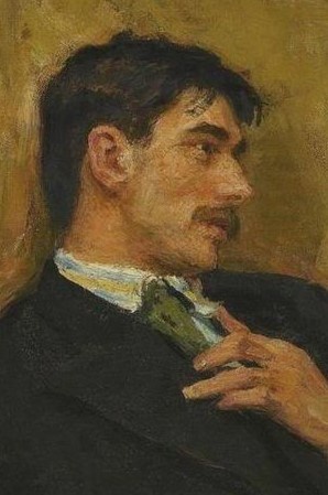 A vintage oil painting of a man in profile, adjusting a green tie against a plain yellow background. The overlaid text reads…