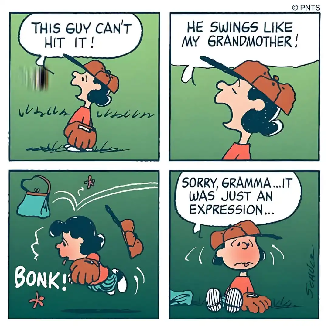 A four-panel Peanuts comic strip shows Lucy yelling at a golfer, 'THIS GUY CAN'T HIT IT!' and then 'HE SWINGS LIKE MY…