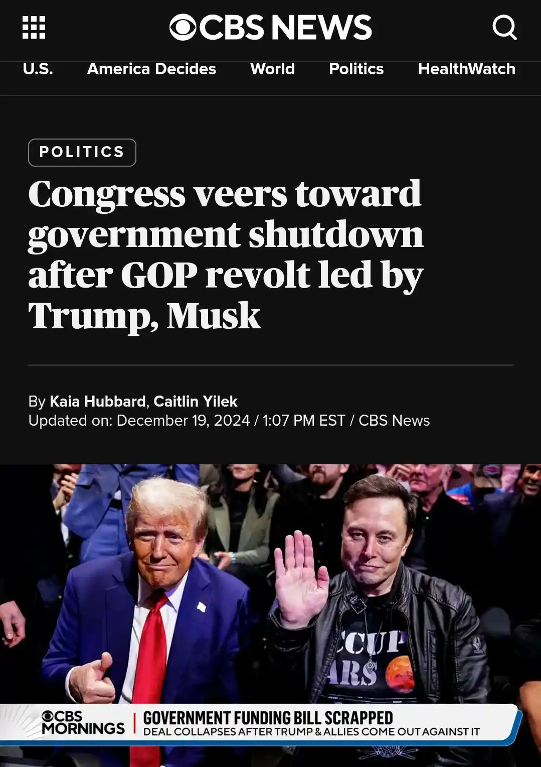 A CBS News article screenshot shows Donald Trump and Elon Musk seated side-by-side, with Trump giving a thumbs-up and Musk…