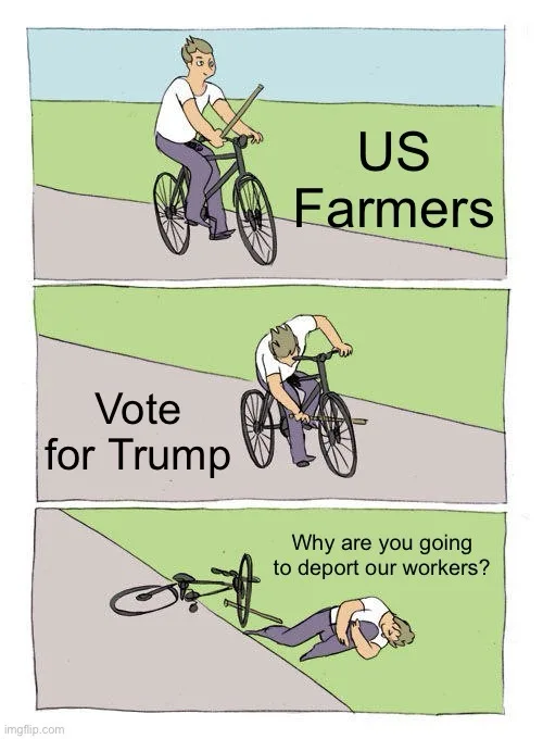 A three-panel comic strip shows a man on a bicycle labeled 'US Farmers'. In the second panel, he leans over the handlebars…