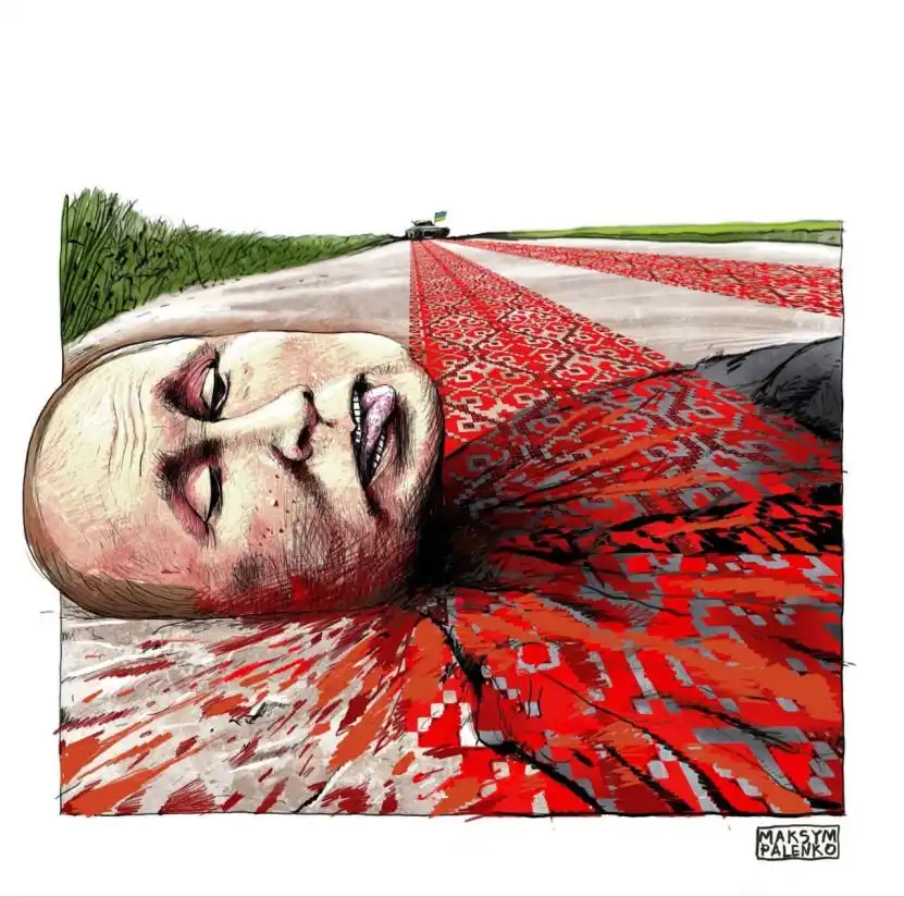A cartoon depicts Vladimir Putin lying face-up on a red patterned blanket that stretches into the distance along a road…