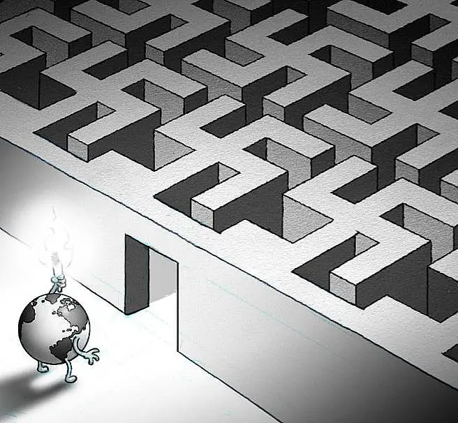 A cartoon globe with arms and legs, sweating profusely, stands at the edge of an enormous, intricate 3D maze. The globe…
