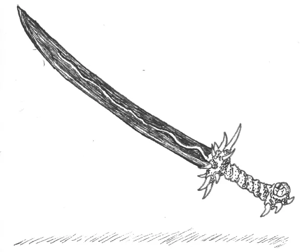 A hand-drawn black-and-white sketch of a curved, ornate sword with a decorative hilt and guard, resting on a simple ground…