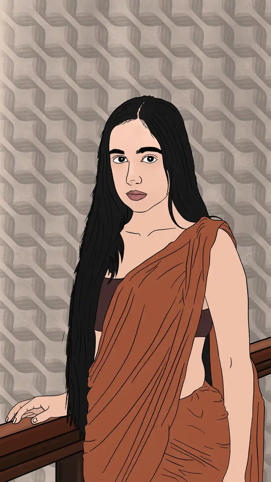 An illustrated woman with long black hair wearing a brown sari stands against a patterned wallpaper background, her hand…