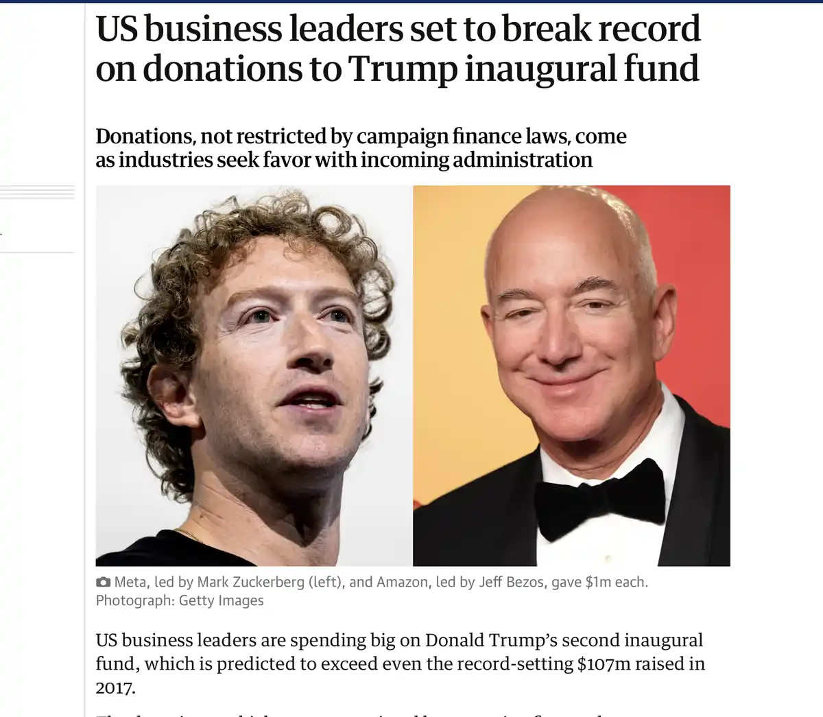 A news article screenshot shows two side-by-side headshots: Mark Zuckerberg on the left with curly hair, and Jeff Bezos on…