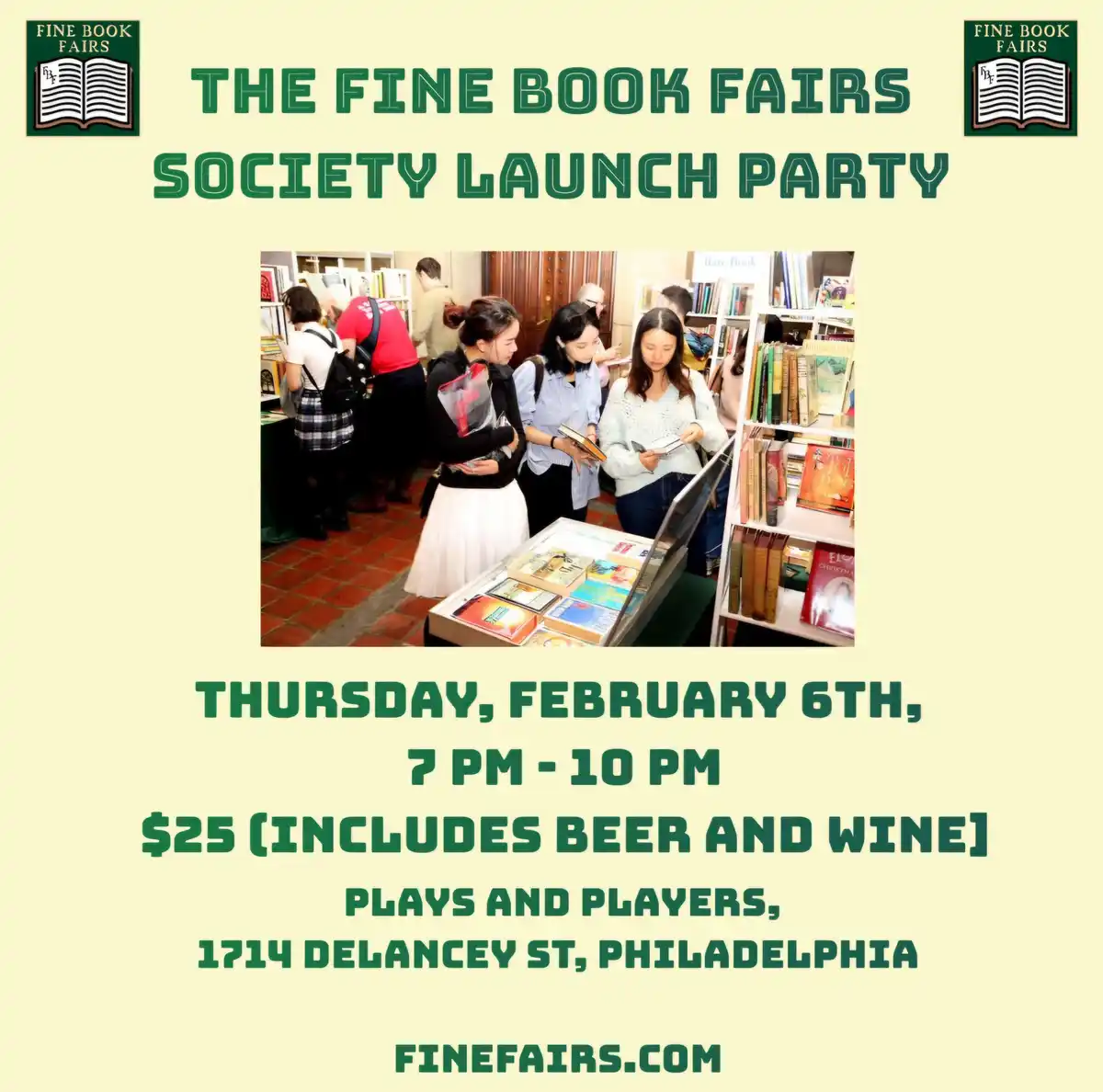 An event poster for 'The Fine Book Fairs Society Launch Party' features a photo of people browsing books at a fair. The text…