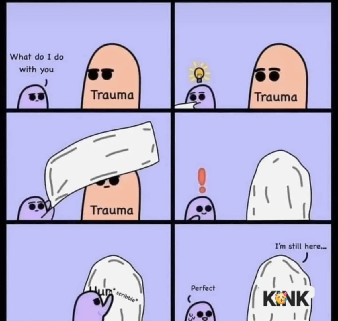 A four-panel comic shows a small purple ghost character trying to deal with a large orange character labeled 'Trauma'. The…