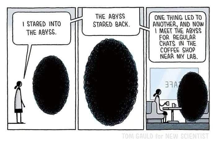 A three-panel comic strip shows a person staring into a black void labeled 'abyss,' which then 'stares back,' and finally…