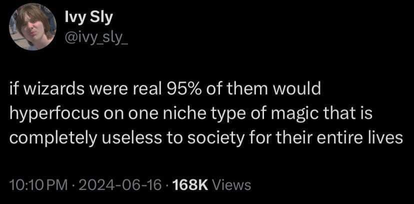 A screenshot of a tweet by user Ivy Sly (@ivy_sly_) shows white text on a black background. The text humorously states that…