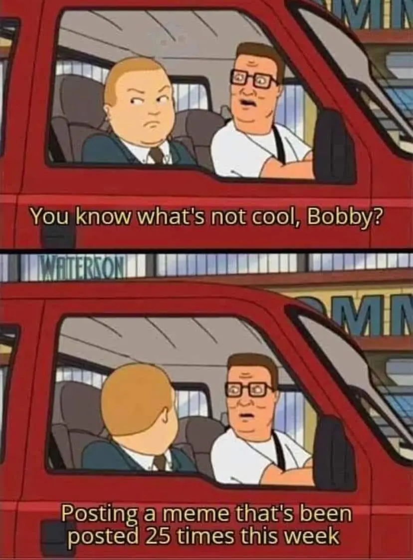 Two cartoon men are in a red van. In the top panel, the driver with glasses asks the passenger, 'You know what's not cool…
