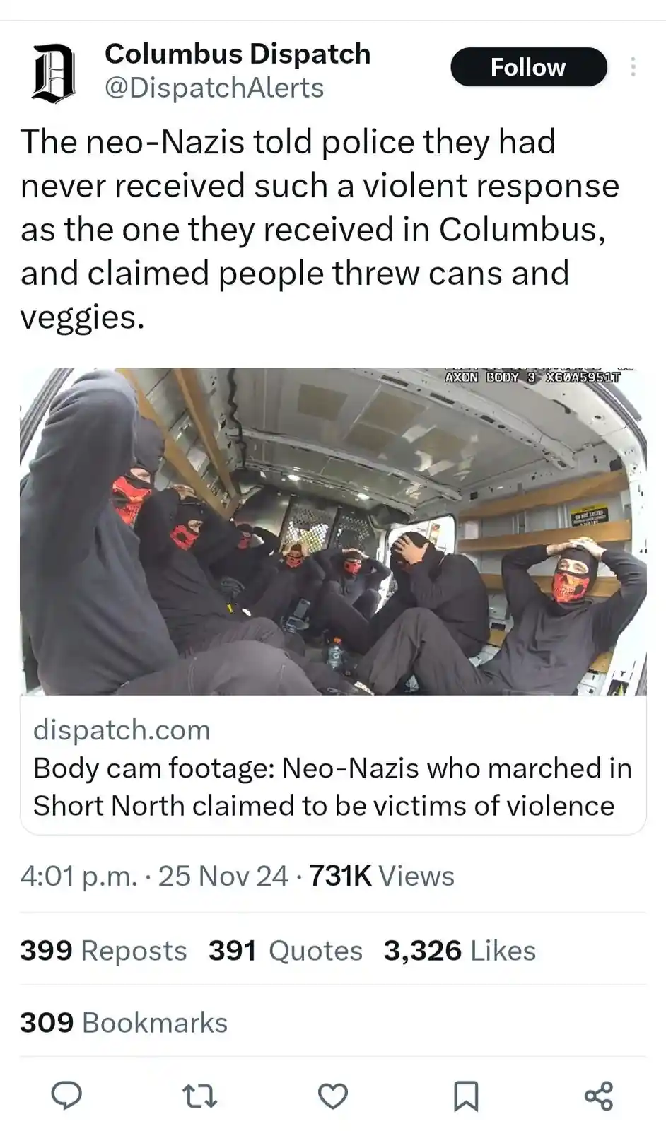 A body cam video shows several masked individuals in a van, all holding their heads in apparent distress. The overlaid text…