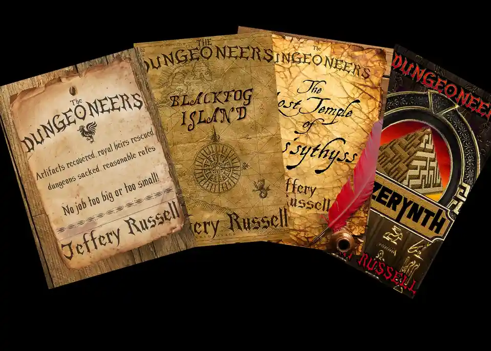 Four aged, parchment-like book covers for 'The DUNGEONEERS' by Jeffery Russell are fanned out, featuring titles like…