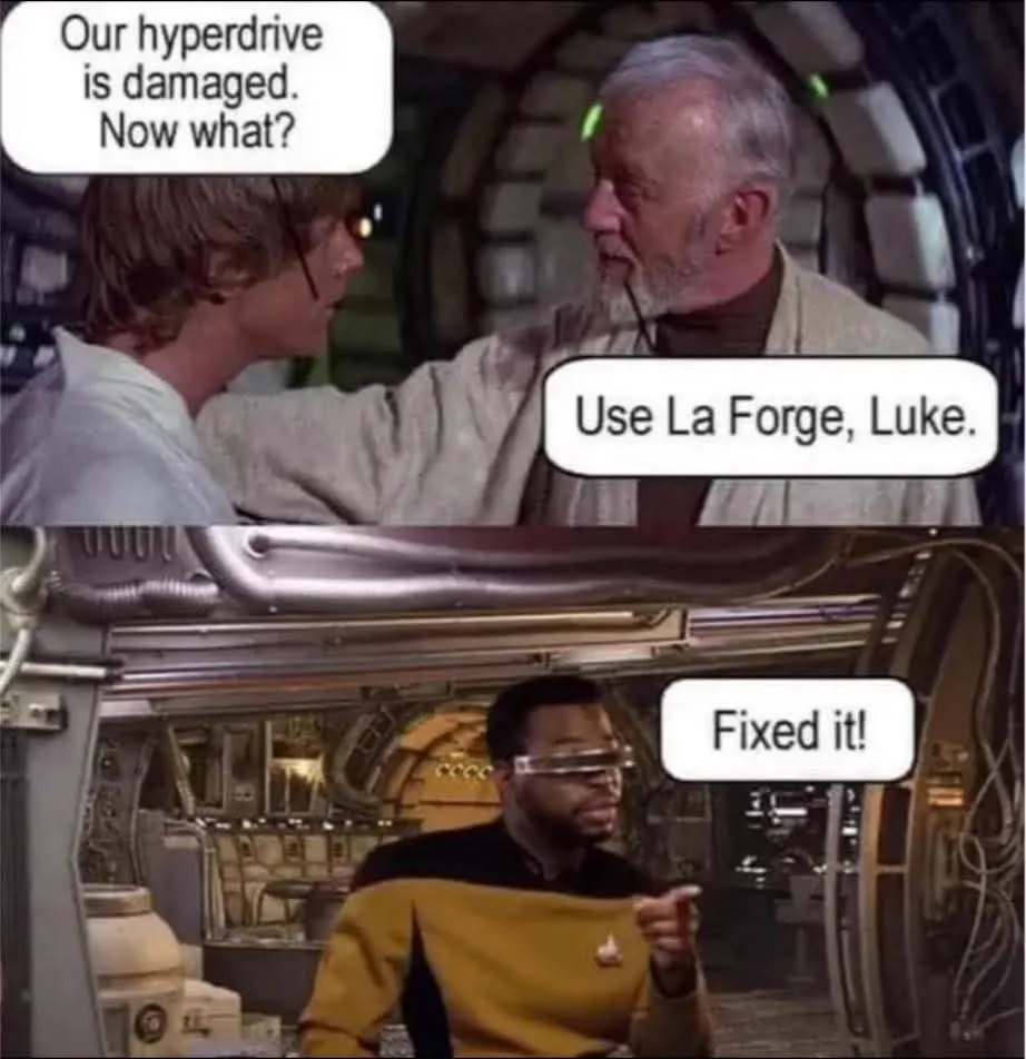 The meme features two panels: the top shows Luke Skywalker asking Obi-Wan Kenobi about a damaged hyperdrive, to which…