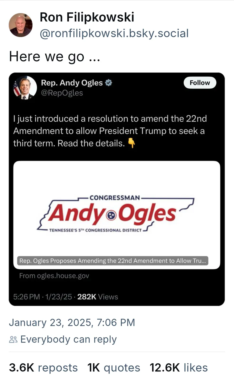 A screenshot of a tweet from Rep. Andy Ogles announcing he introduced a resolution to amend the 22nd Amendment to allow…