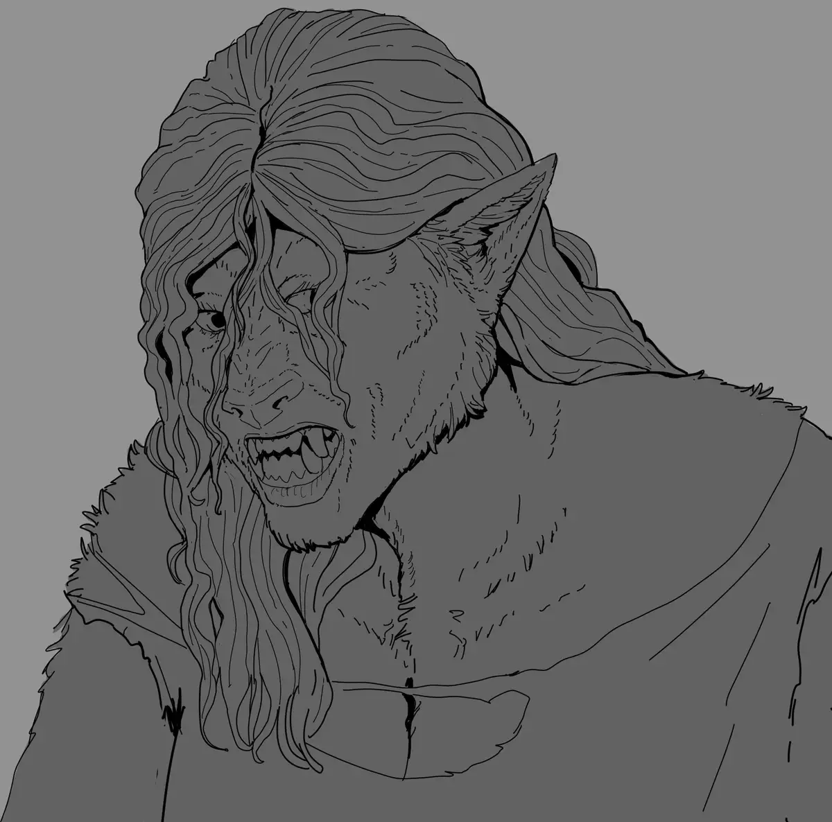 A grayscale line art drawing shows a humanoid figure with pointed ears, long wavy hair, and fangs bared in an angry snarl…