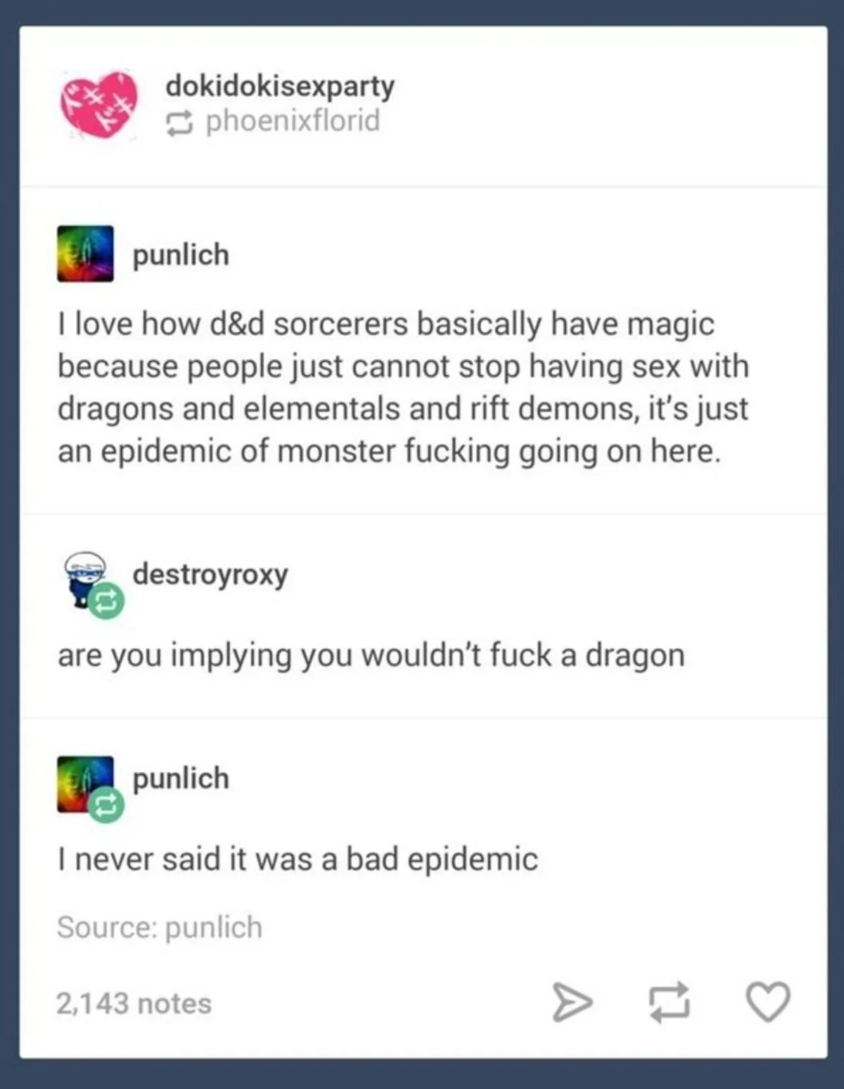 A screenshot of a Tumblr thread shows user 'punlich' joking that D&D sorcerers get magic because of an 'epidemic of monster…