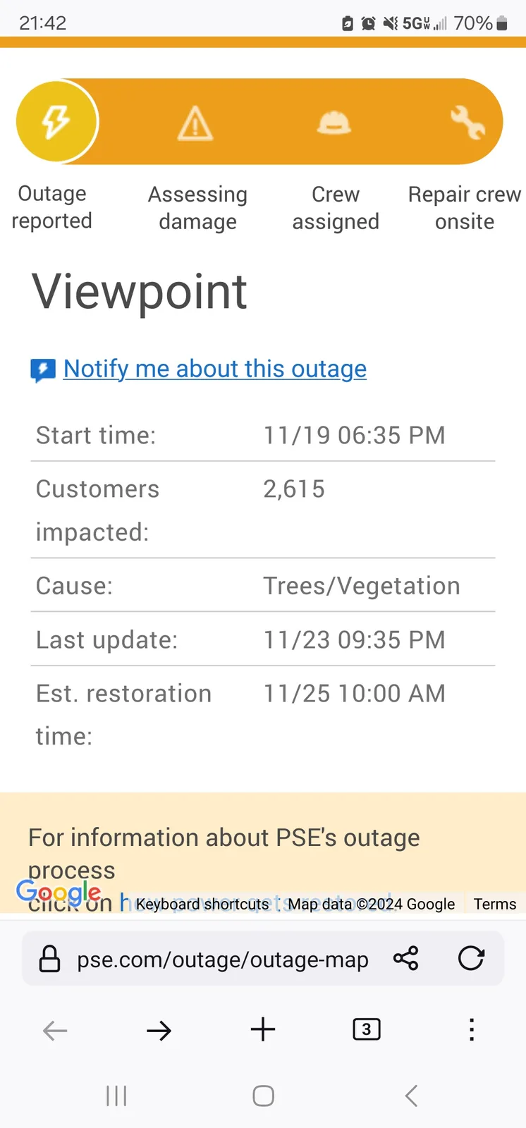 A screenshot of a power outage report page from PSE, showing the outage status as 'Assessing damage' with a start time of…