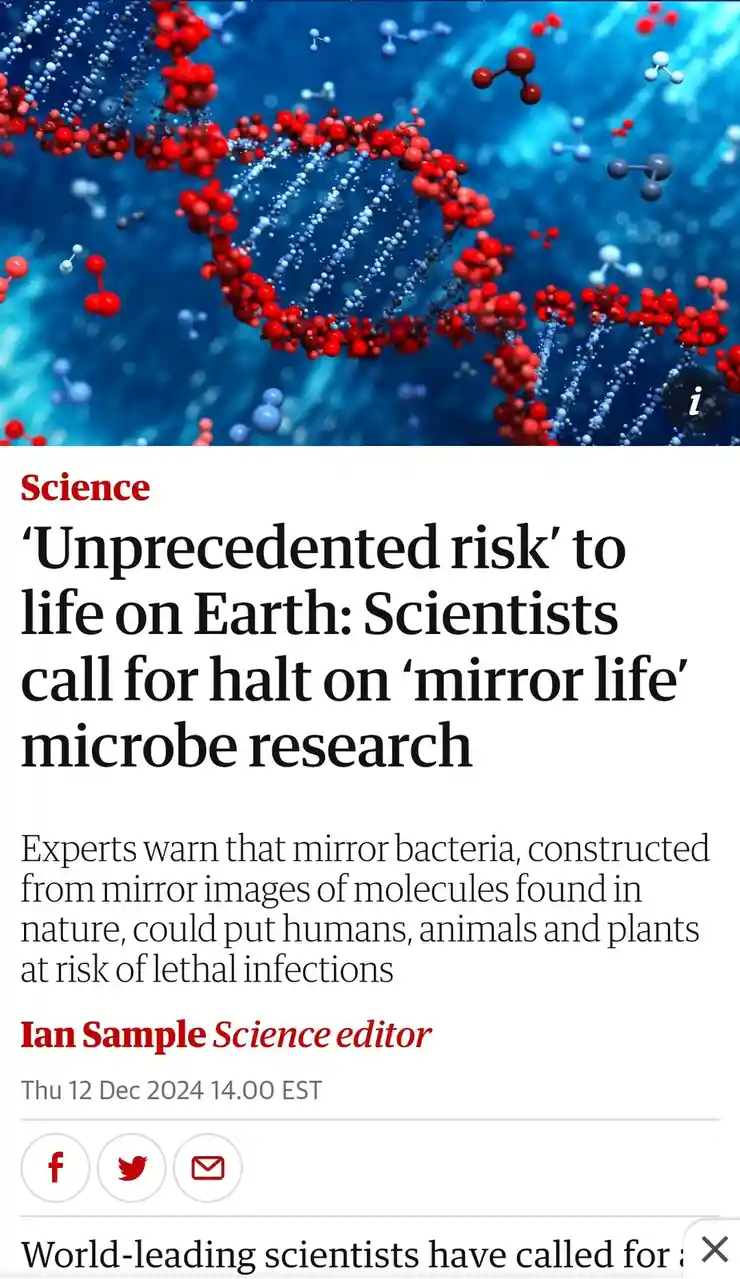 An image of a DNA double helix with red and blue spheres against a blue background, overlaid with a mock news article from…