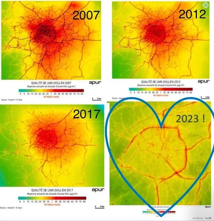 Four heat maps show annual average NO2 air quality in a city center from 2007 to 2017, with the 2023 map highlighted in a…