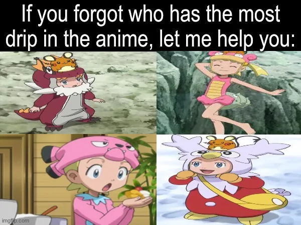 A four-panel meme featuring anime characters, each with a small Pokémon perched on their head. Top left: A character in a…