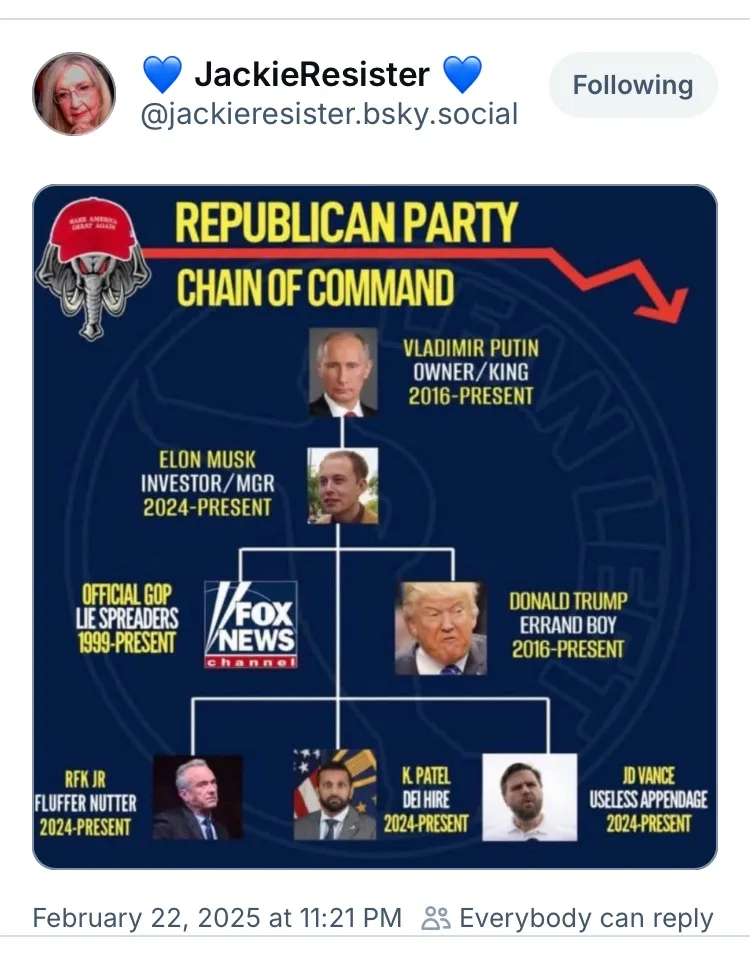 A satirical organizational chart titled 'REPUBLICAN PARTY CHAIN OF COMMAND' shows Vladimir Putin as 'OWNER/KING', Elon Musk…