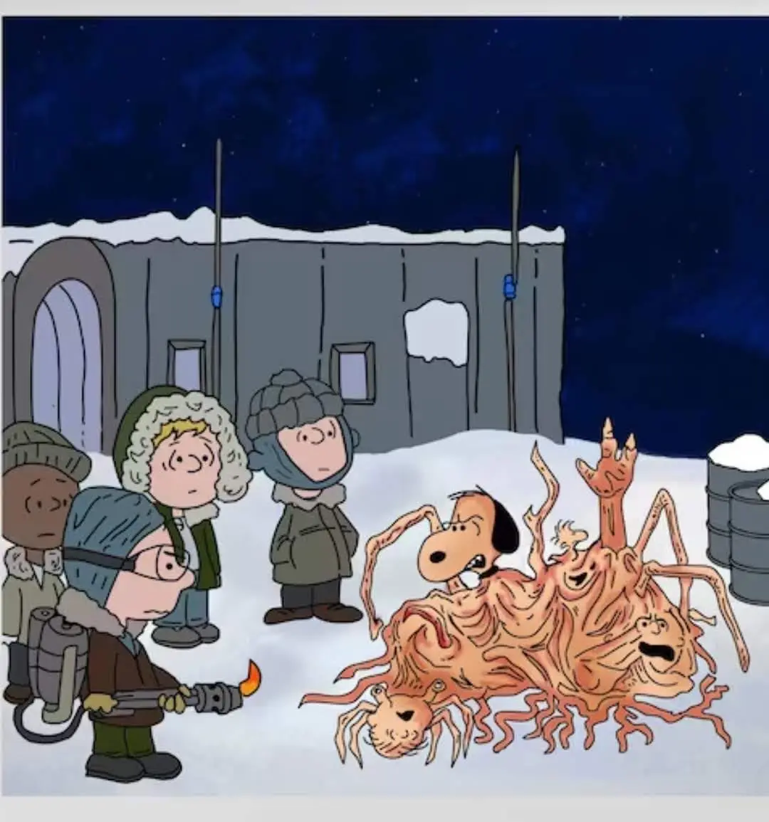 In a snowy, nighttime scene from the animated series 'Peanuts,' several children in winter gear stand around a grotesque…